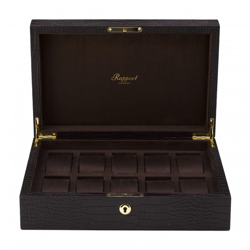 Brompton Brown Leather 10 Watch Collector Box by Rapport London | Time Keeper.