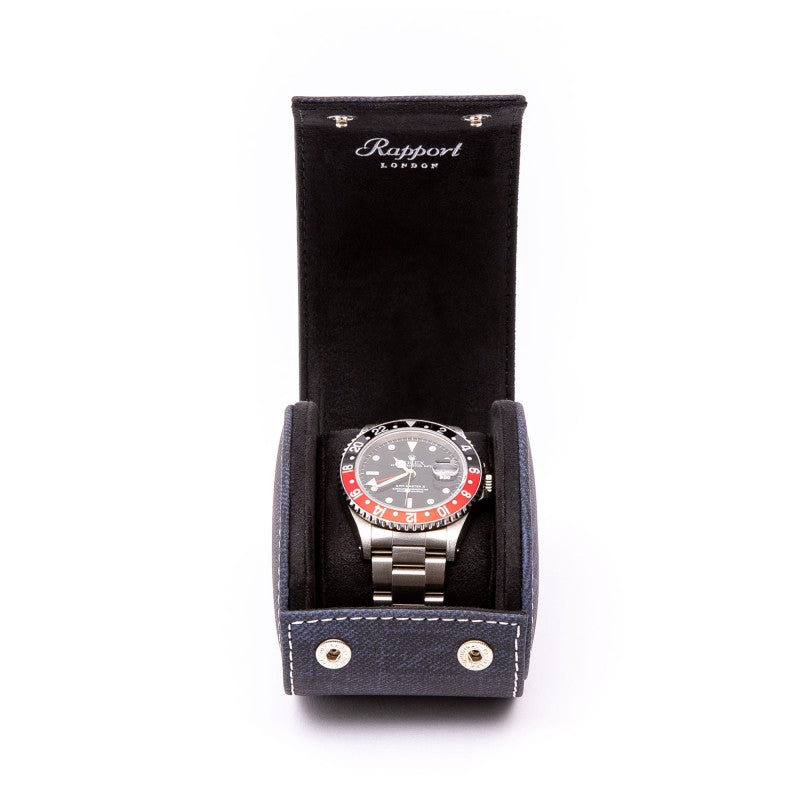 Soho Navy Denim Single Watch Roll by Rapport London | Time Keeper.