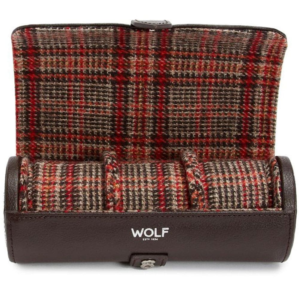 WM Brown Leather Triple Watch Roll by Wolf | Time Keeper.