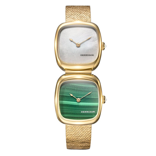 Dual Time Mini – White MOP & Malachite In Gold